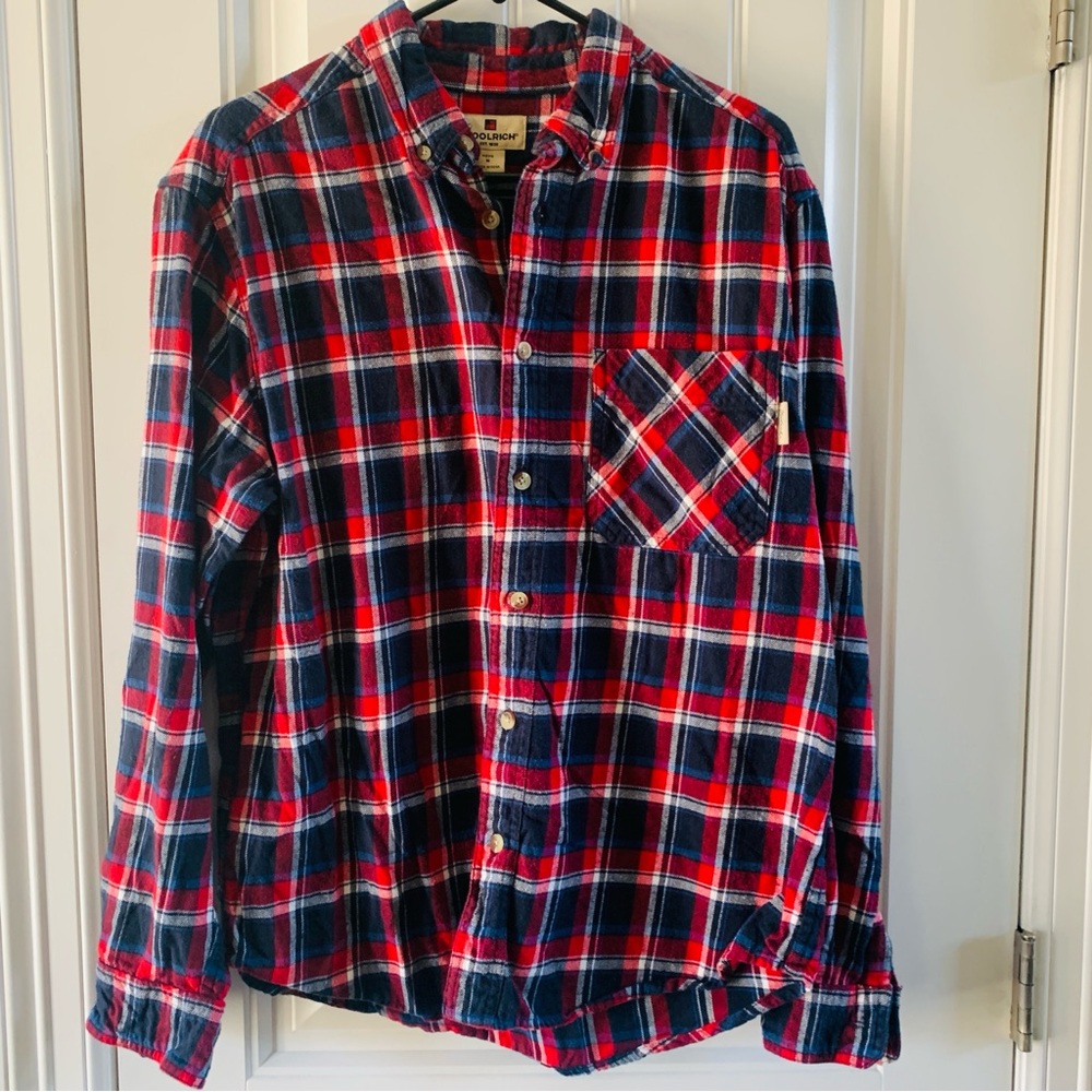 Woolrich Mens 100% Cotton Red Blue White Plaid Button Down Casual Shirt | Medium